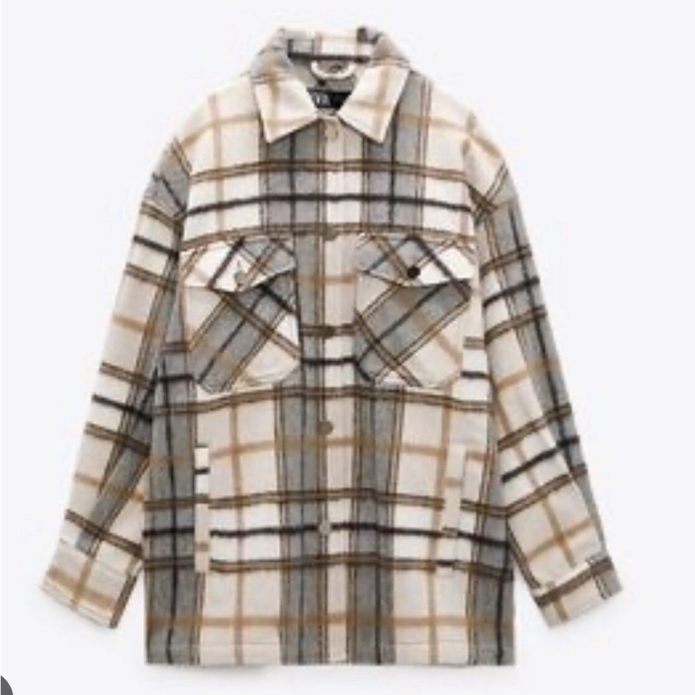 Zara Tan Plaid Button up Shacket